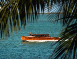Wooden boat "Truman" speeding across turquoise water, viewed partially through the fronds of a palm tree.