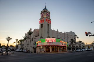 Exterior of Historic Fox Hotel during sunset.