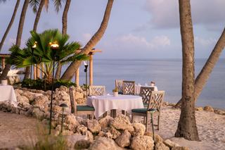 Beachfront restaurant tables set for dinner with white tablecloths, wooden chairs, and tiki torches, palm trees overhead, and a calm ocean in the background.