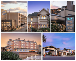 Collage of Inns of Monterey – Monterey, CA: Monterey Bay Inn (top left); Victorian Inn (top middle); Wave Street Inn (top right); Spindrift Inn (bottom left); Casa Munras Garden Hotel & Spa (bottom right)