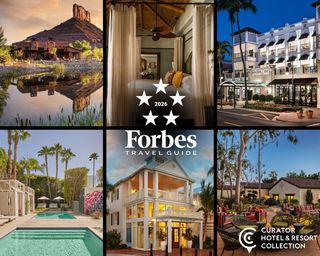 Collage of Curator properties with Forbes Travel Awards logo.