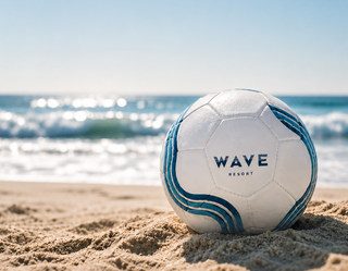 Soccer ball with printed Wave Resort hotel logo on the beach.