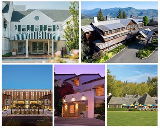Collage of Canoe Place Inn, Sun Mountain Lodge, UCLA Meyer and Renee Luskin Conference Center, The Inn at UCLA, and UCLA Lake Arrowhead Lodge